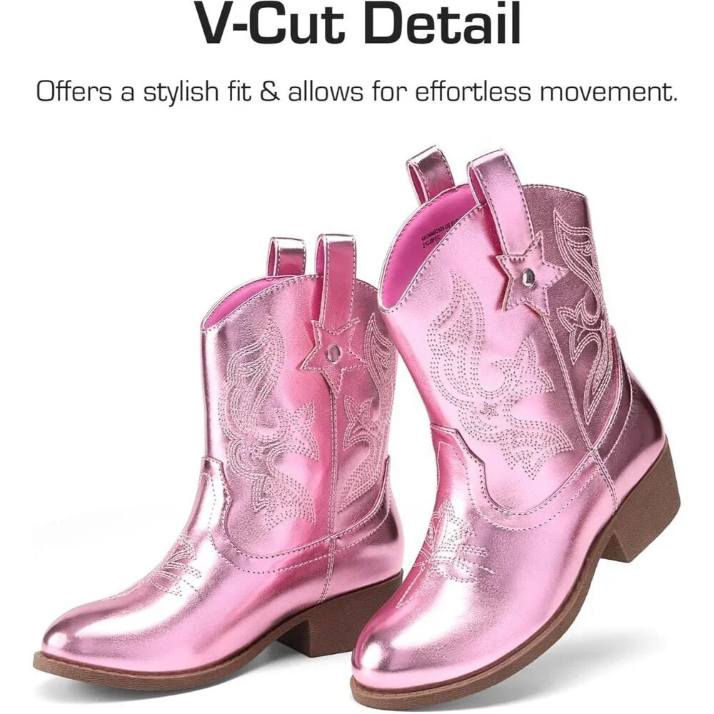 ⚡Girls Pink Cowgirl Boots With Low Heel Western Embroidered Fashion Mid Calf